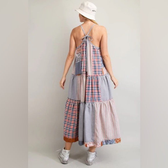 NWT Easel Boho Patchwork Maxi Dress Size M Linen Cotton Adjustable Festivals - Picture 14 of 15